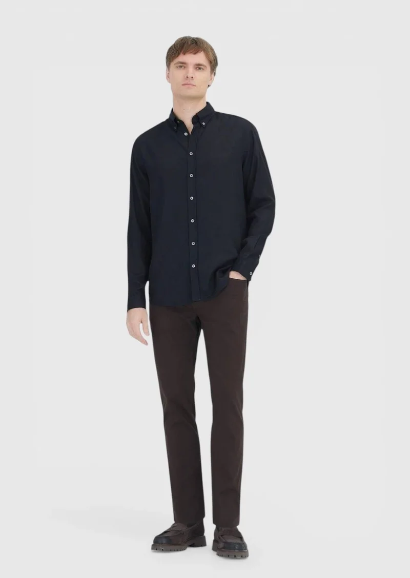 Ramsey Black Plain Long Weaving Casual Shirt