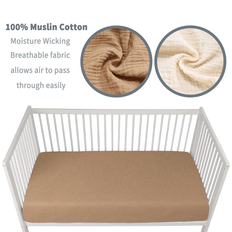 GUNTAIL Muslin Crib Sheets for Boys Girls 100% Cotton Fitted Baby Crib Sheet 2 Pack Soft and Breathable for Standard Crib Mattress & Toddler Mattress 52x28in (Beige & Coffee) - Image 3