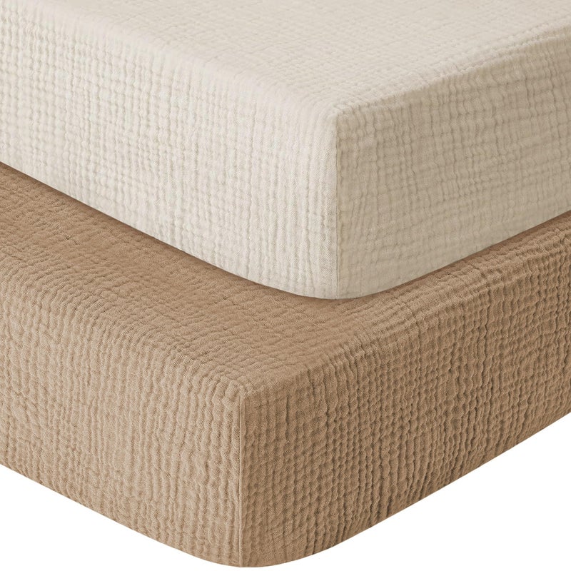GUNTAIL Muslin Crib Sheets for Boys Girls 100% Cotton Fitted Baby Crib Sheet 2 Pack Soft and Breathable for Standard Crib Mattress & Toddler Mattress 52x28in (Beige & Coffee) - Image 1