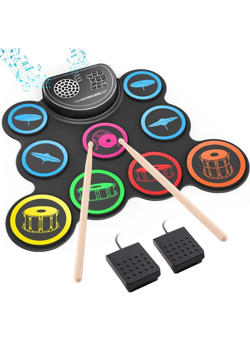 Arabest 9 Pads Electronic Drum Set with Headphone Jack,Roll-up drum Pad Machine Built-in Speaker Drum Pedals Drums Sticks 10 Hours Playtime,Great Gift for Kids - Image 1