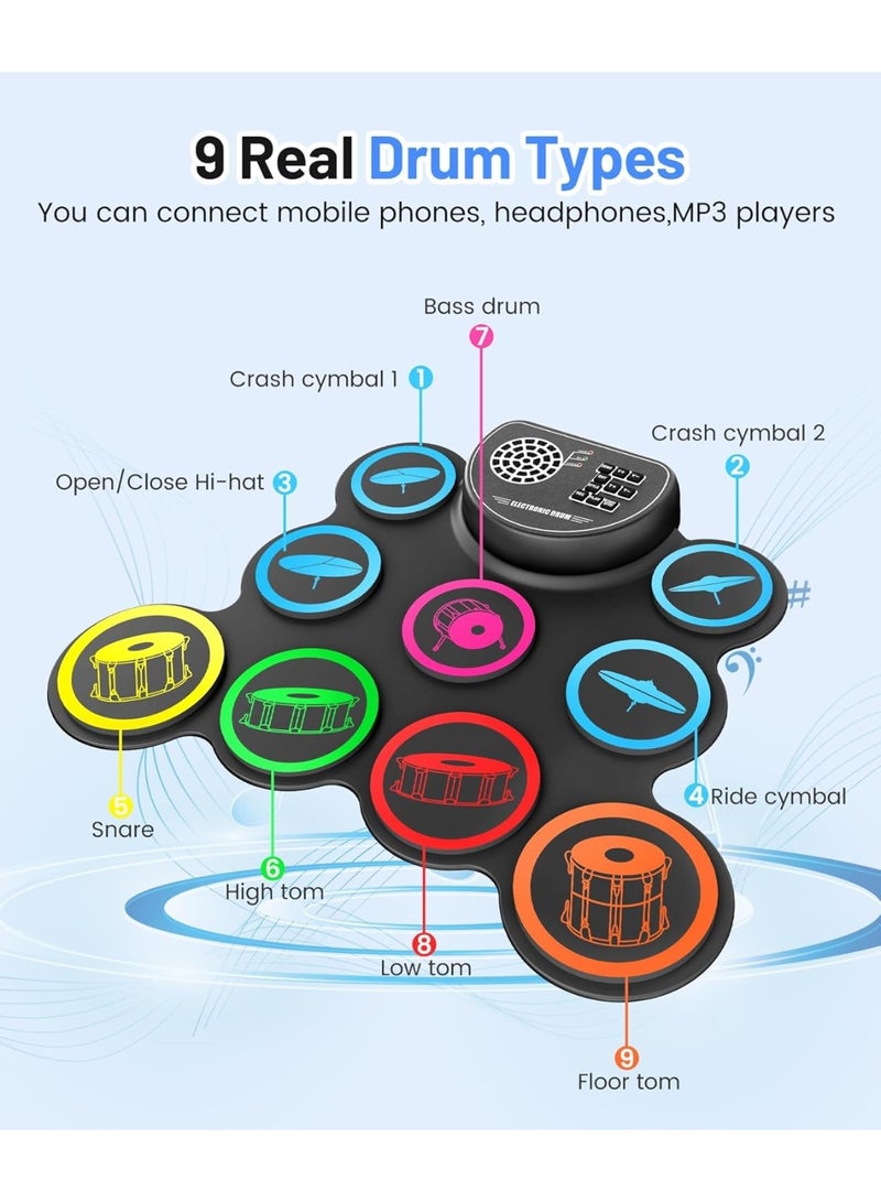 Arabest 9 Pads Electronic Drum Set with Headphone Jack,Roll-up drum Pad Machine Built-in Speaker Drum Pedals Drums Sticks 10 Hours Playtime,Great Gift for Kids - Image 2
