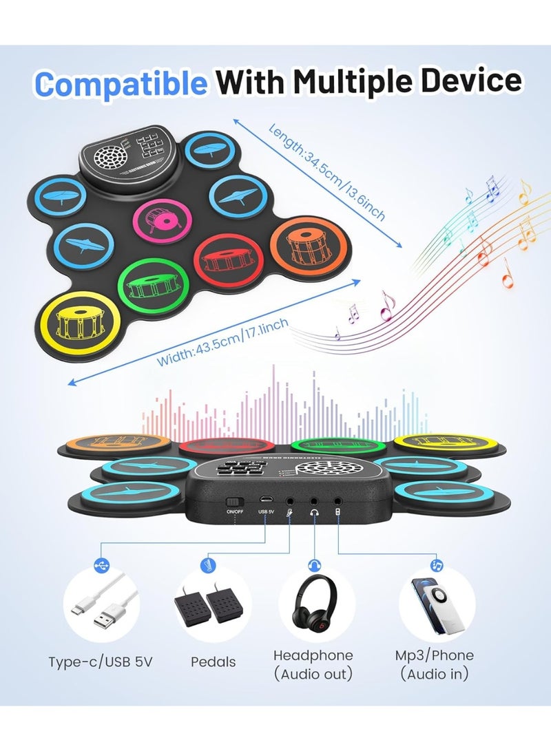 Arabest 9 Pads Electronic Drum Set with Headphone Jack,Roll-up drum Pad Machine Built-in Speaker Drum Pedals Drums Sticks 10 Hours Playtime,Great Gift for Kids - Image 3