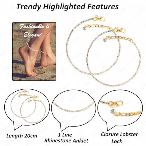 VAMA Adjustable Golden Crystal Rhinestone Payal Pair Anklet Toes Foot Chain Ankle Leg Anklets For Girls Women (1 Line Ankle Payal Pair Anklet) - Image 3