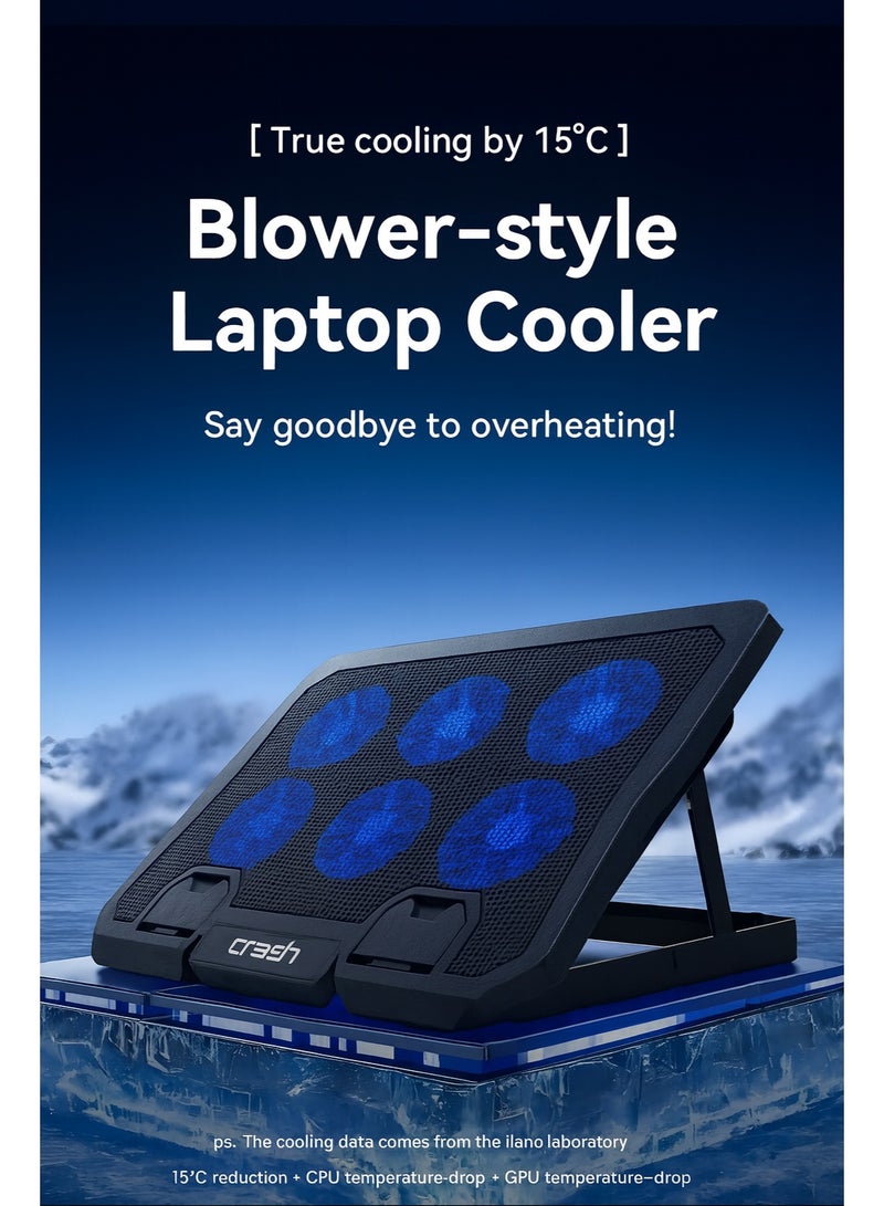 كراش قاعدة مروحة تبريد لابتوب Crash C6000 - ست مراوح تبريد قوية  - اضاءة LED  - تصميم نحيف حامل بثمانية اوضاع  - منفذين USB متوافقة مع لابتوبات حتى 17 بوصة - Image 3