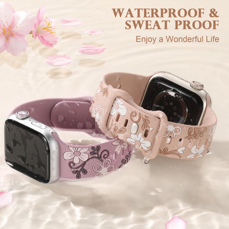 Witzon Floral Band Compatible with Apple Watch Bands For Women 41mm 40mm 38mm 42mm 44mm 45mm 46mm 49mm, Engraved Cute Flower Soft Silicone Strap for iWatch Series 11 10 9 8 7 6 5 4 3 2 1 SE Ultra - Image 4