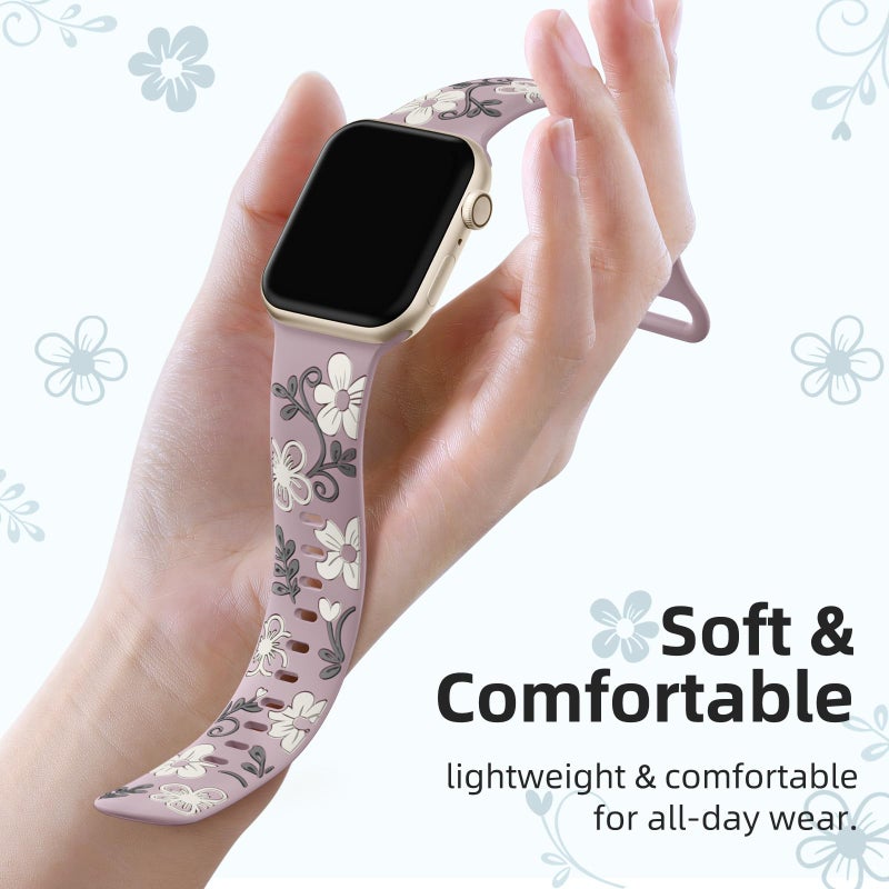 Witzon Floral Band Compatible with Apple Watch Bands For Women 41mm 40mm 38mm 42mm 44mm 45mm 46mm 49mm, Engraved Cute Flower Soft Silicone Strap for iWatch Series 11 10 9 8 7 6 5 4 3 2 1 SE Ultra - Image 3