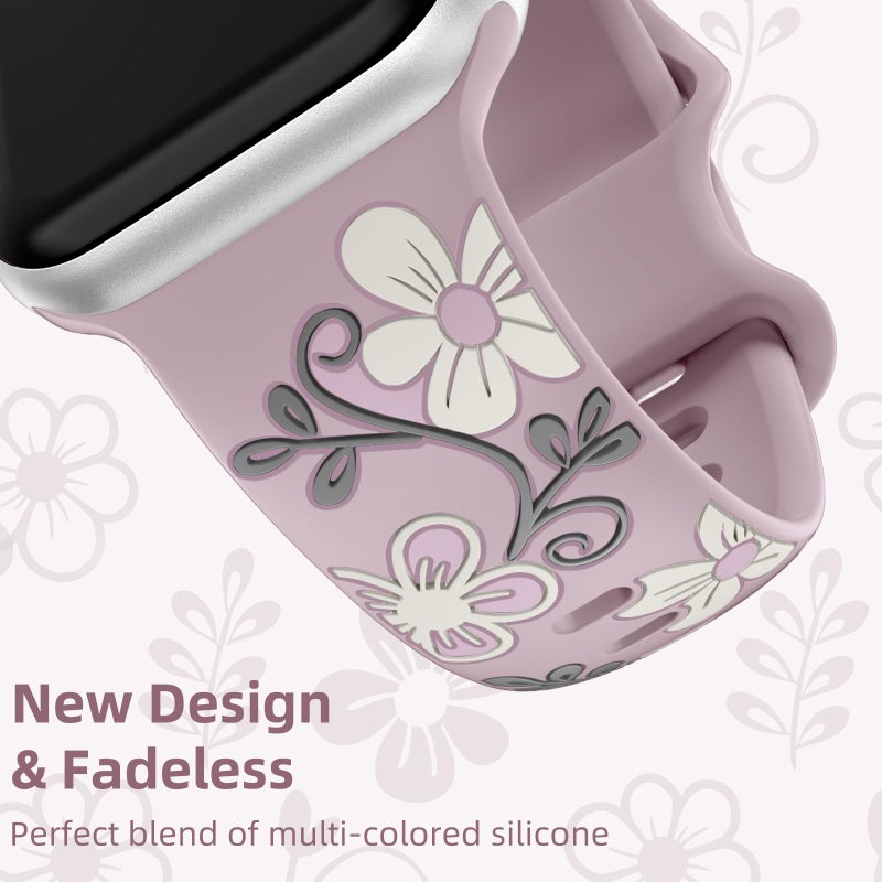 Witzon Floral Band Compatible with Apple Watch Bands For Women 41mm 40mm 38mm 42mm 44mm 45mm 46mm 49mm, Engraved Cute Flower Soft Silicone Strap for iWatch Series 11 10 9 8 7 6 5 4 3 2 1 SE Ultra - Image 5