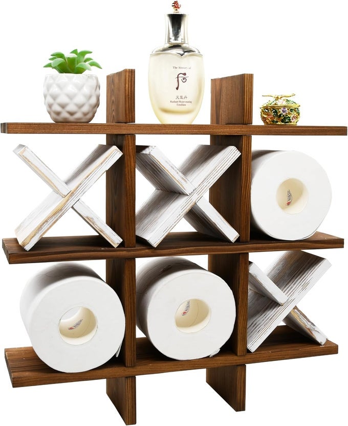 TIC TAC TOE TOILET PAPER HOLDER RACK RUSTIC BURNT WOODEN TOILET PAPER STORAGE BATHROOM HANGING STORAGE WALL MOUNTED SHELVES DCOR FOR TOILET TISSUE FARMHOUSE