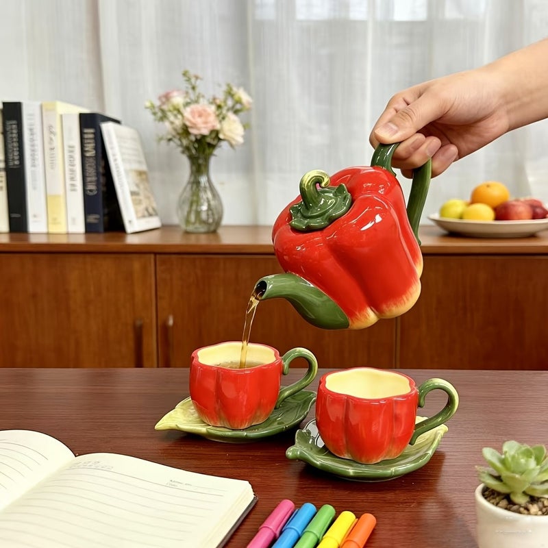 Red Bell Pepper Ceramic Tea Set Of 5 Unique Teapot And Cup Saucer - Image 1