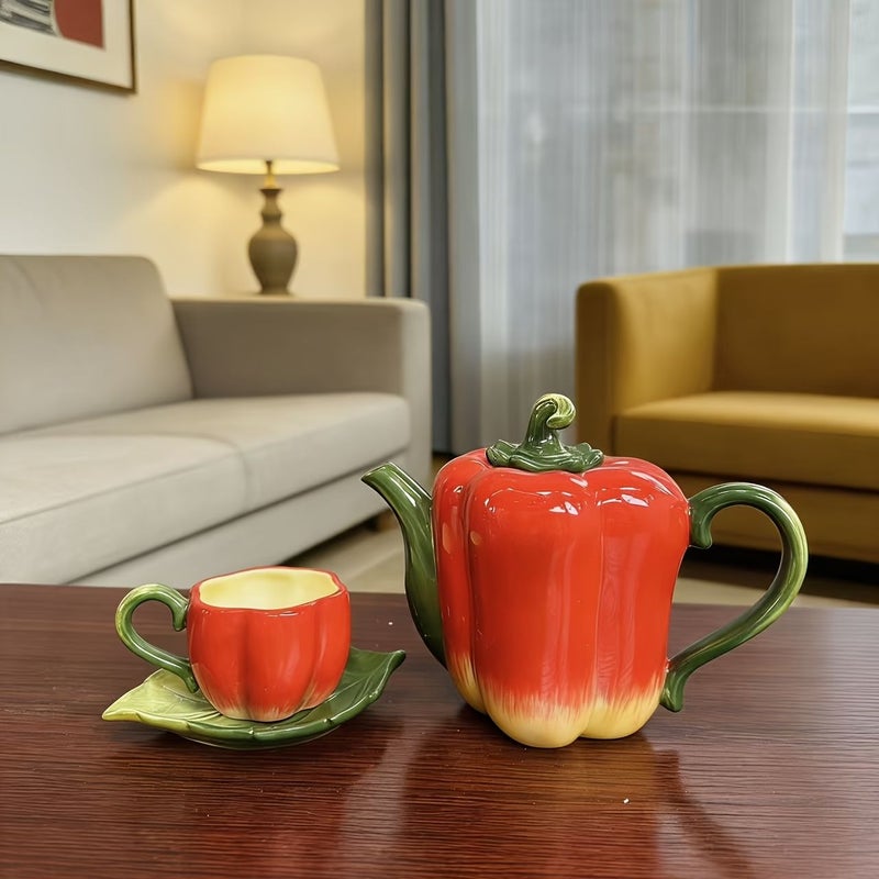 Red Bell Pepper Ceramic Tea Set Of 5 Unique Teapot And Cup Saucer - Image 4