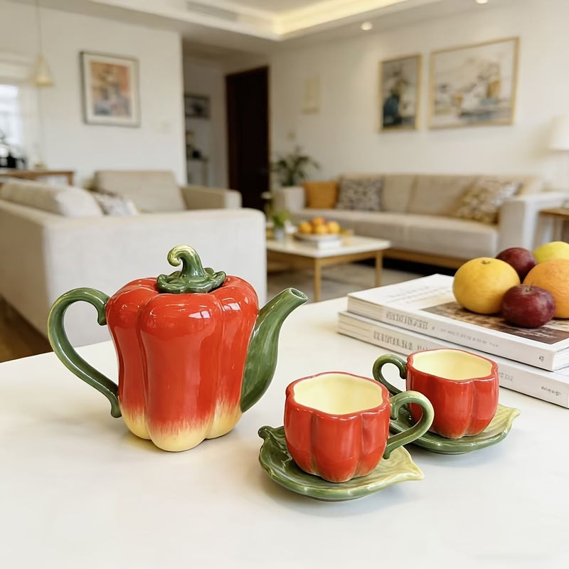 Red Bell Pepper Ceramic Tea Set Of 5 Unique Teapot And Cup Saucer - Image 2