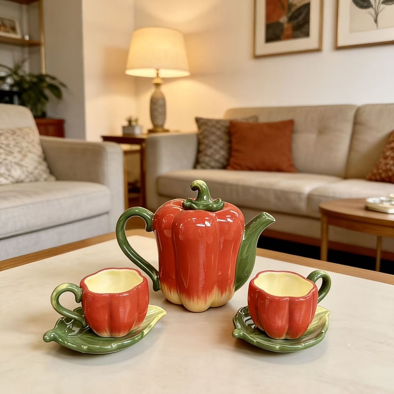Red Bell Pepper Ceramic Tea Set Of 5 Unique Teapot And Cup Saucer - Image 3