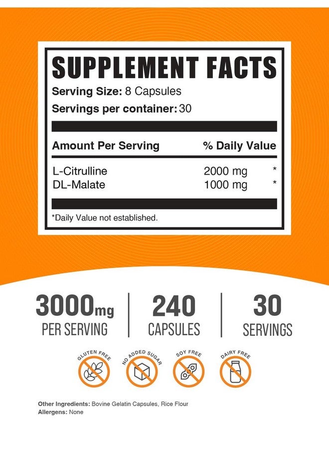 بالك سابلمنتس كبسولات مالات إل-سيترولين من BulkSupplements.com - كمكمل غذائي من أكسيد النيتريك ٢:١، مالات إل-سيترولين - خالٍ من الغلوتين، ٨ كبسولات لكل حصة (٣٠٠٠ ملغ)، ٢٤٠ كبسولة (عبوة واحدة) - Image 1
