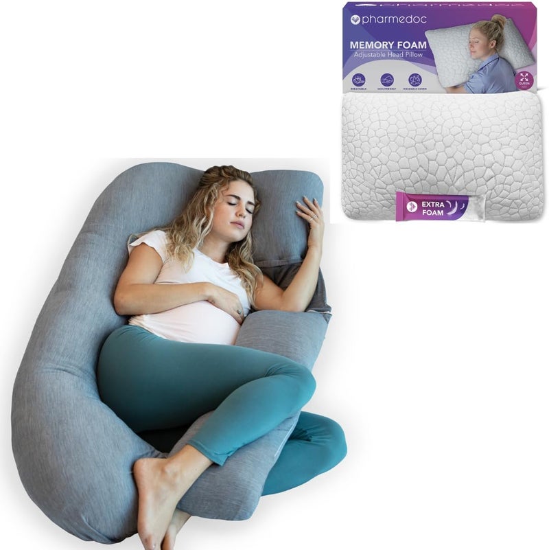 Pharmedoc Pregnancy Pillow U Shape Cooling Cover Grey  Adjustable Bed Pillow - Image 1