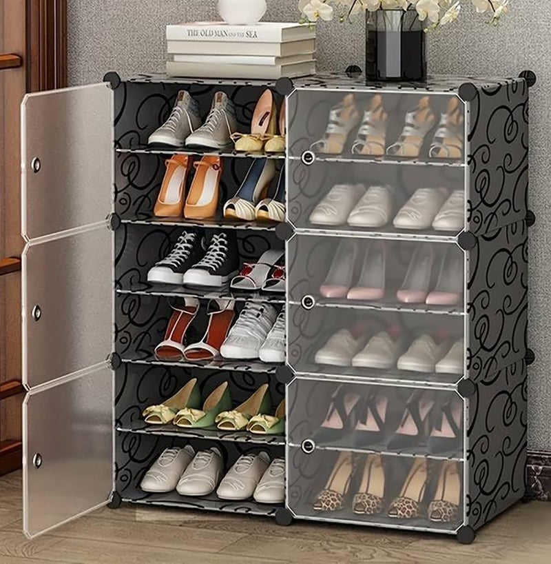 AYSIS DIY Shoe Rack for Home ^ 12 Layers Shoe Shelf Storage Cabinet Plastic Shoe Shelves Organizer/Multi-Purpose for Heels, Boots Plastic Portable and Folding Shoe Rack (12-SHELF-6-DOOR-BLACK) - Image 1