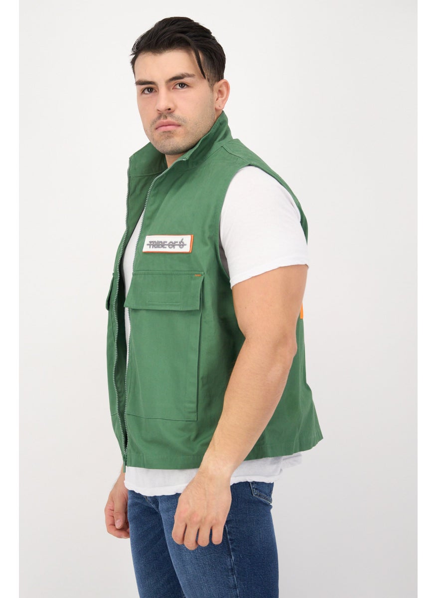 TRIBE OF 6 - Men Embroidered Vest Jacket, Green - Image 1