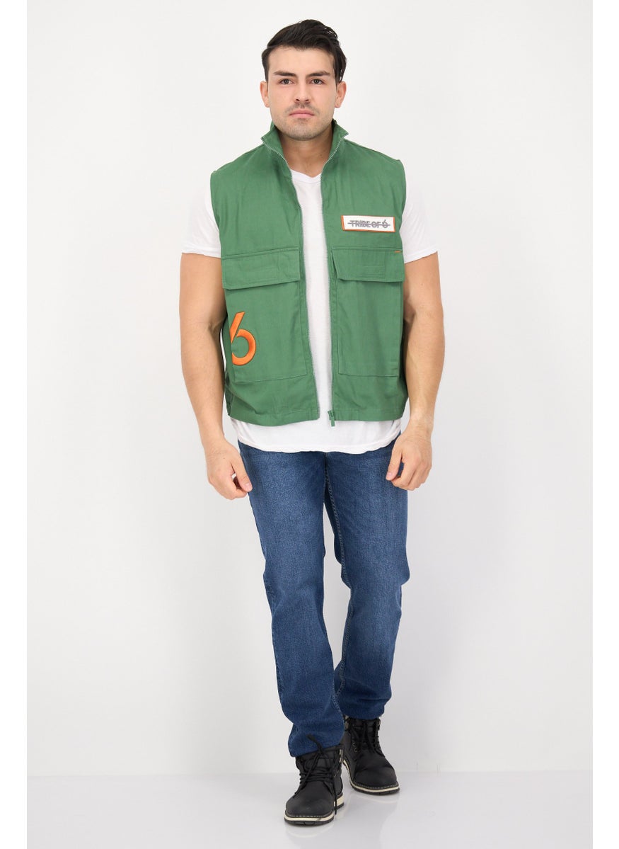 TRIBE OF 6 - Men Embroidered Vest Jacket, Green - Image 1