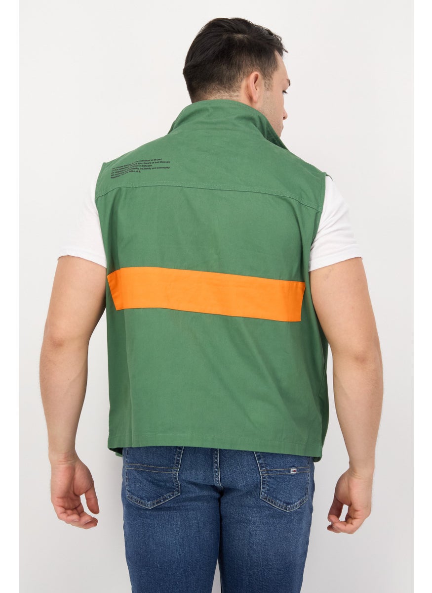 TRIBE OF 6 - Men Embroidered Vest Jacket, Green - Image 1