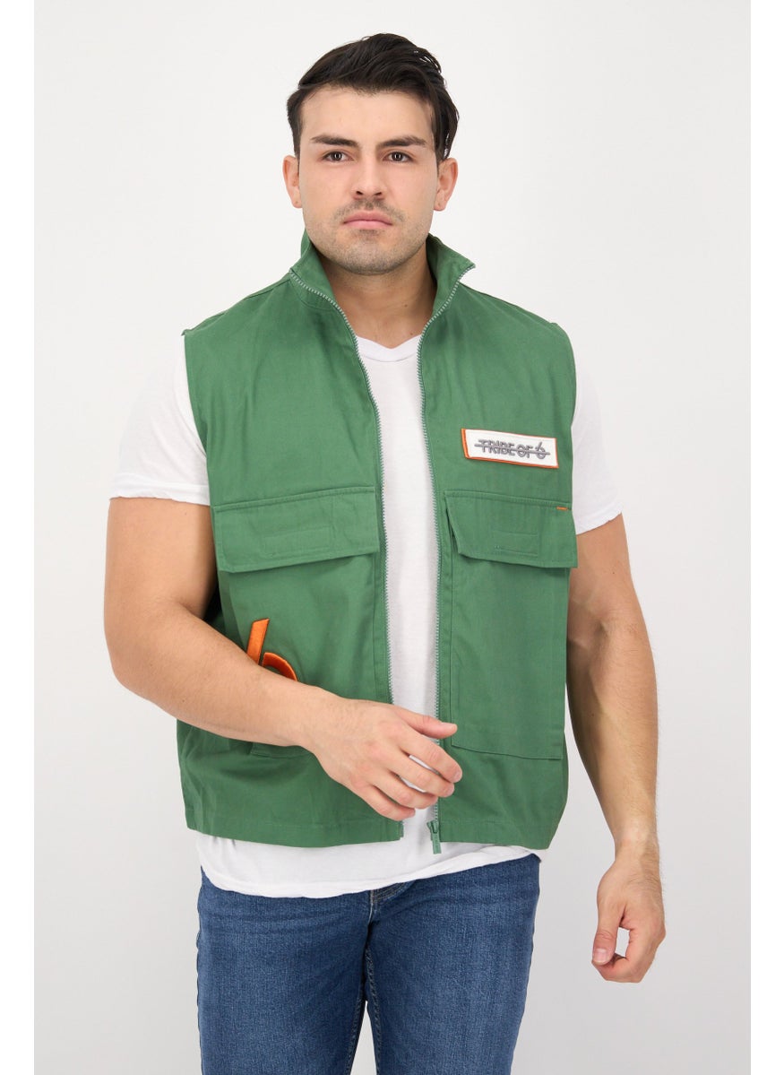 TRIBE OF 6 - Men Embroidered Vest Jacket, Green - Image 1
