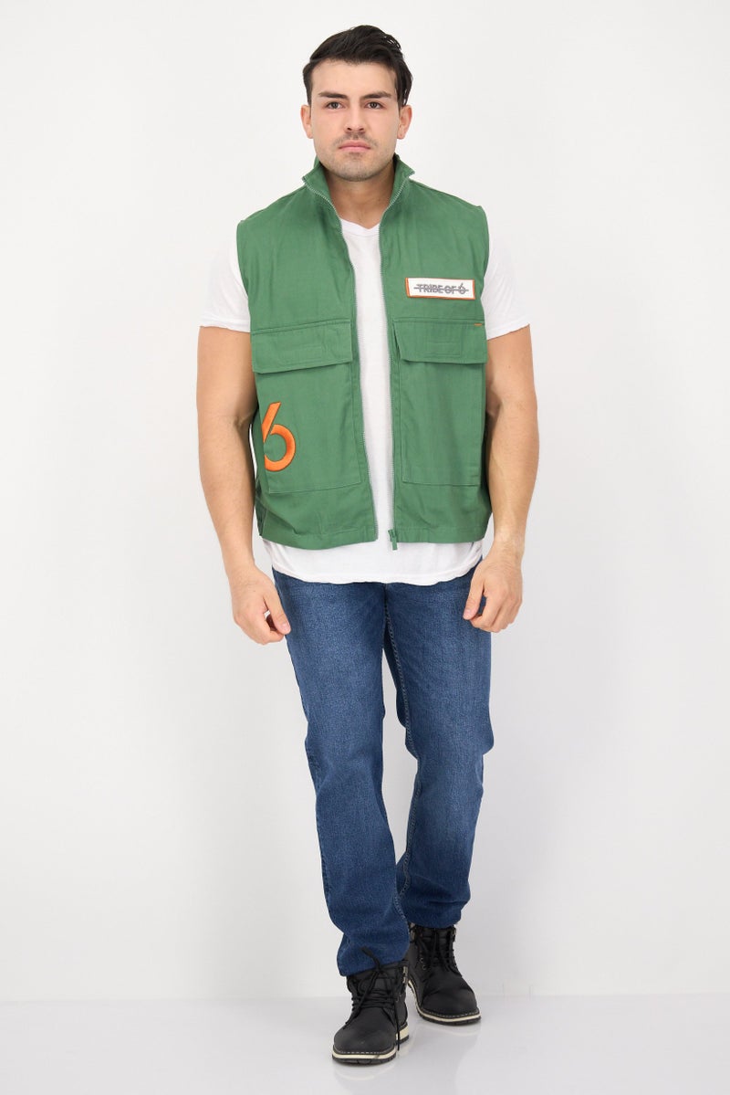 TRIBE OF 6 Men Embroidered Vest Jacket, Green - Image 4