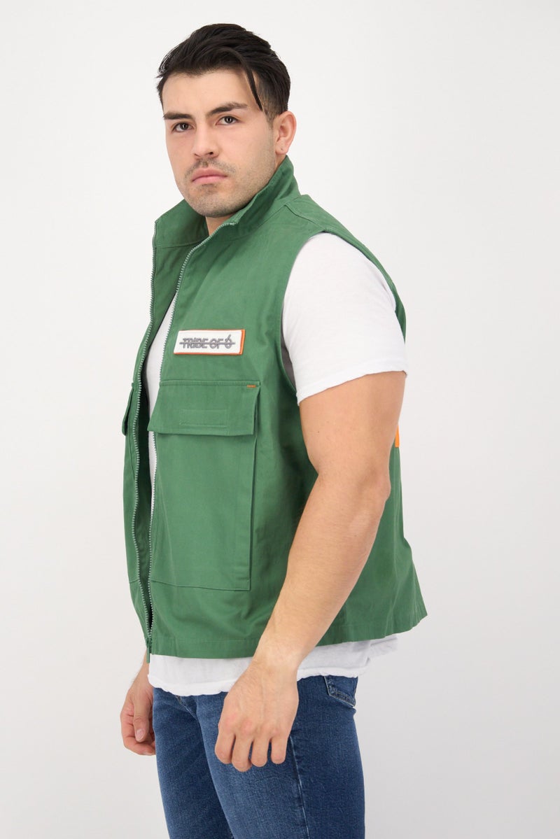 TRIBE OF 6 Men Embroidered Vest Jacket, Green - Image 2