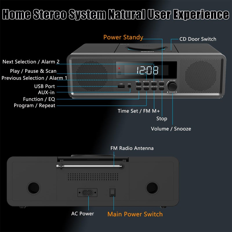 WISCENT Compact Stereo System with CD Player, Bluetooth, Dual Alarms Clock, FM Radio, 20W RMS Clear Sound, USB/AUX Input, Snooze & Sleep Timer, Remote Control - for Home and Bedroom - Image 2