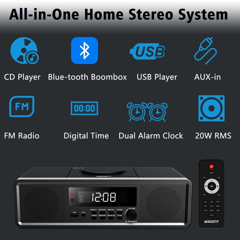 WISCENT Compact Stereo System with CD Player, Bluetooth, Dual Alarms Clock, FM Radio, 20W RMS Clear Sound, USB/AUX Input, Snooze & Sleep Timer, Remote Control - for Home and Bedroom - Image 3