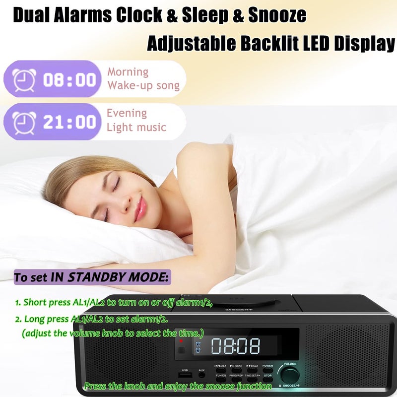 WISCENT Compact Stereo System with CD Player, Bluetooth, Dual Alarms Clock, FM Radio, 20W RMS Clear Sound, USB/AUX Input, Snooze & Sleep Timer, Remote Control - for Home and Bedroom - Image 5