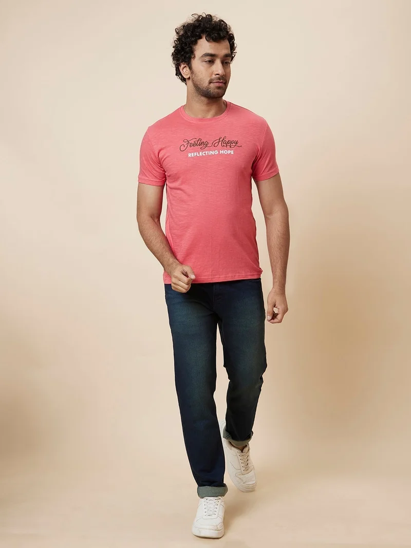 globus Globus Men Salmon Printed Cotton T-Shirt