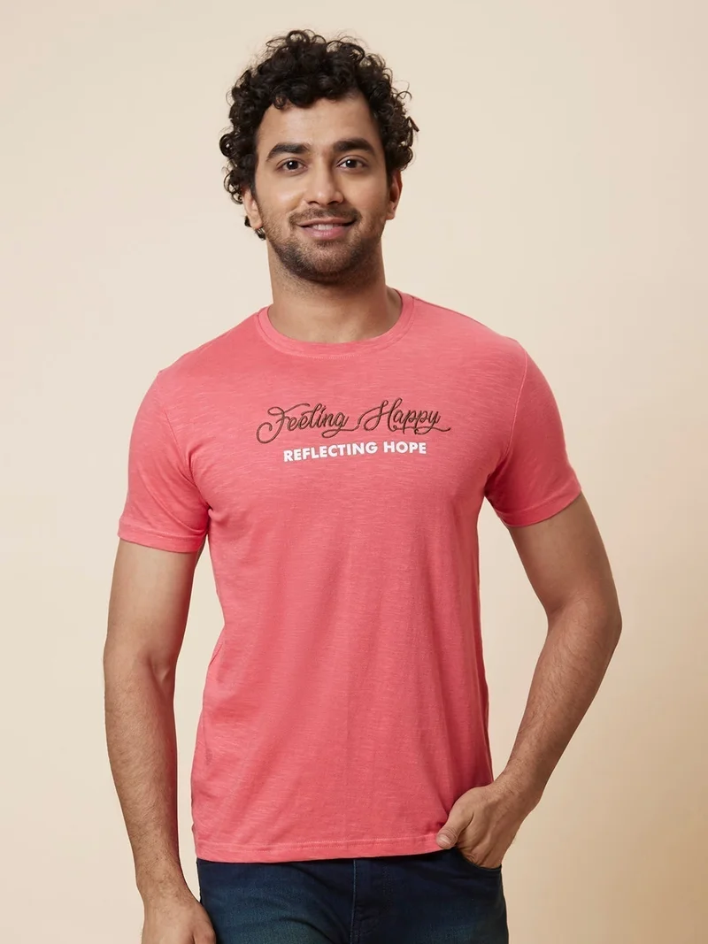 globus Globus Men Salmon Printed Cotton T-Shirt