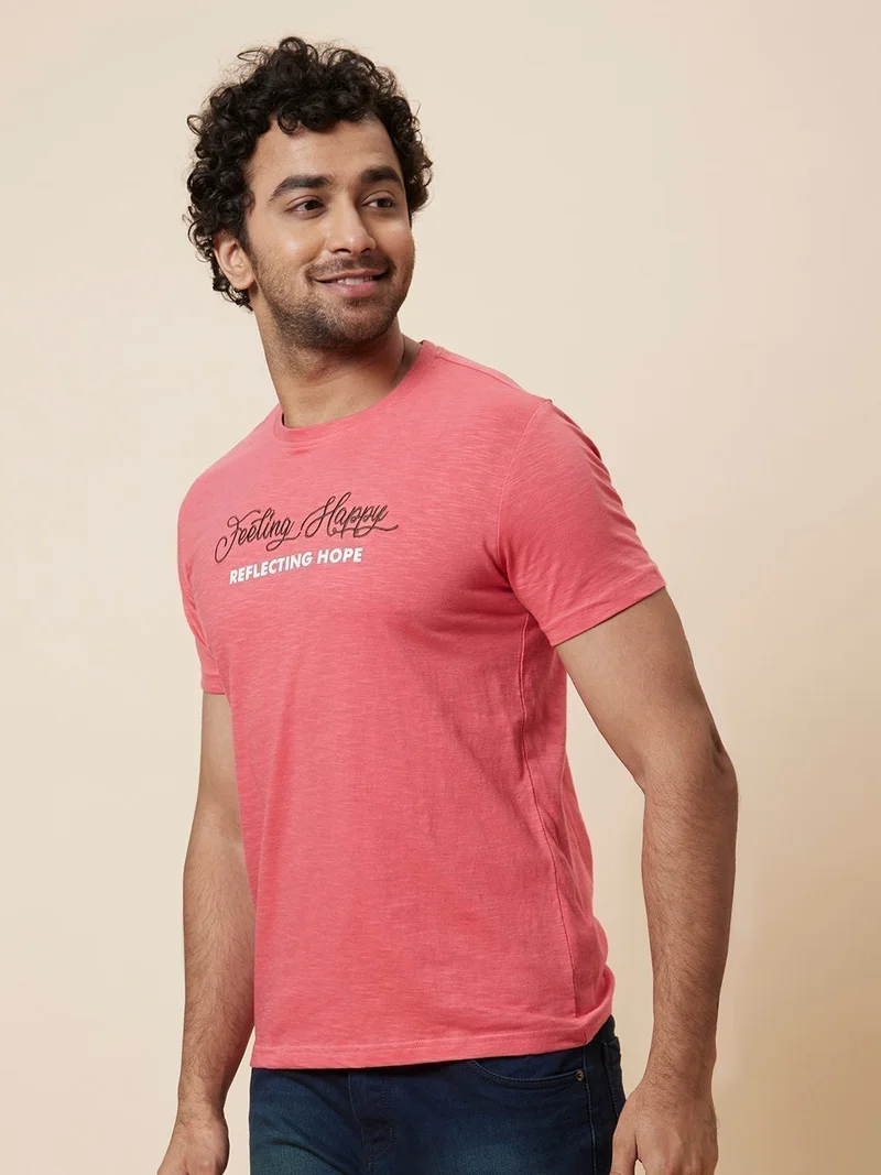 globus Globus Men Salmon Printed Cotton T-Shirt