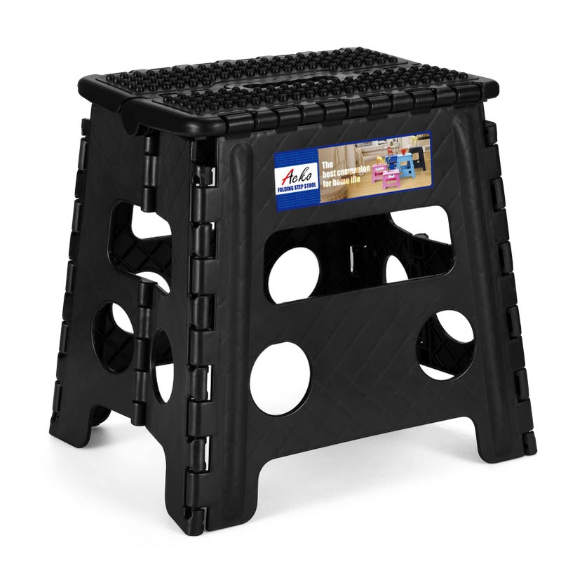 كرسي خطوة قابل للطي ACKO بارتفاع 13 بوصة، كرسي خطوة ثقيل الوزن قابل للطي للبالغين والأطفال، مصنوع من البلاستيك، صغير وقابل للطي، يتحمل حتى 300 رطل، لون أسود، عبوة واحدة