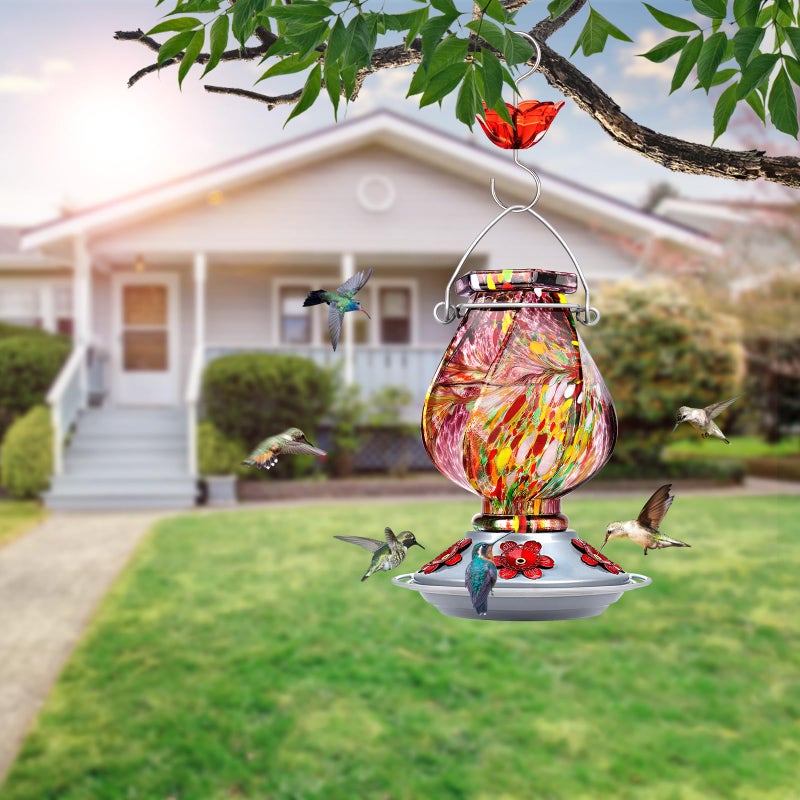 BOLITE Hummingbird Feeder, Hand Blown Glass Hummingbird Feeders for Outdoors Hanging, with Ant Moat and 5 Feeding Ports, 22 Ounces, Purple, Birthday Gifts for Women Men, Gifts for Mom Dad - Image 2
