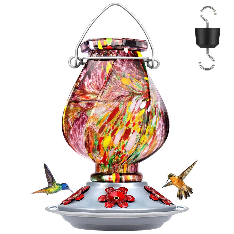 BOLITE Hummingbird Feeder, Hand Blown Glass Hummingbird Feeders for Outdoors Hanging, with Ant Moat and 5 Feeding Ports, 22 Ounces, Purple, Birthday Gifts for Women Men, Gifts for Mom Dad - Image 1