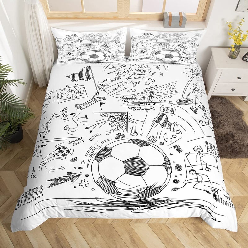 Erosebridal Erosebridal Football Comforter Cover Hand Drawn Sketch Soccer Flag Network Team Sports Duvet Cover for Boys Teens Men Decorative 3 Piece Bedding Set with 2 Pillow Shams Full Size White Black 