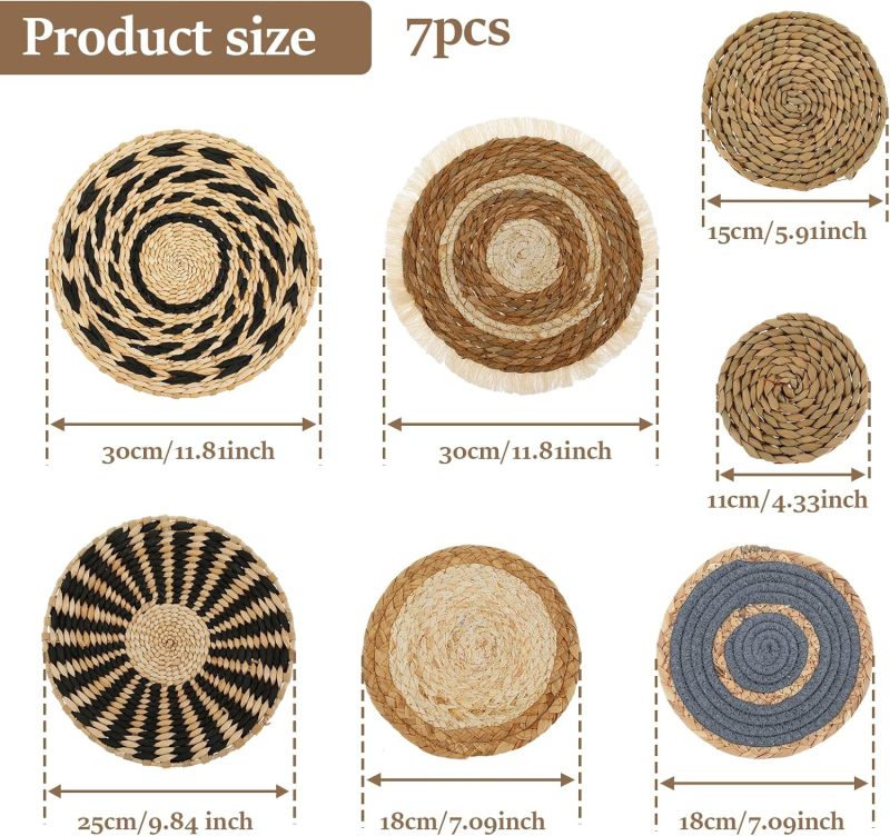 Round Wall Baskets: 7-Piece Brown 30*30Cm Handwoven Eco-Friendly Rattan - Bohemian Style Decorative Wall Baskets for Bedroom Living Room Home Decor - Image 3