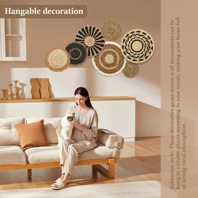 Round Wall Baskets: 7-Piece Brown 30*30Cm Handwoven Eco-Friendly Rattan - Bohemian Style Decorative Wall Baskets for Bedroom Living Room Home Decor - Image 2