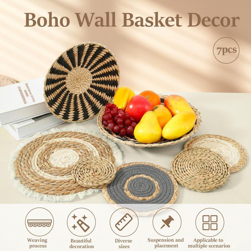 Round Wall Baskets: 7-Piece Brown 30*30Cm Handwoven Eco-Friendly Rattan - Bohemian Style Decorative Wall Baskets for Bedroom Living Room Home Decor - Image 4