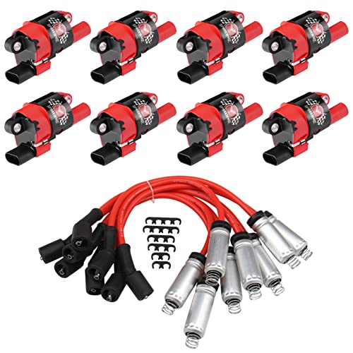 SPARKWHIZ Set of 8 Round Ignition Coil UF414 + 748UU Spark Plug Wire Set, Compatible with Chevrolet GMC Pontiac Impala Corvette Tahoe Express Escalade Silverado 1500 2500 3500, Replacement for C1512 UF414 D514A - Image 1