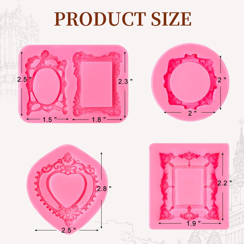 Puyeipt 4 Pcs Photo Frame Silicone Molds, Baroque Style Picture Photo Frames Fondant Molds for Cupcake Topper, Chocolate, Candy, Donut Cake Puck Decoration and Clay Craft Making - Image 2
