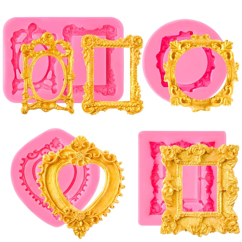 Puyeipt 4 Pcs Photo Frame Silicone Molds, Baroque Style Picture Photo Frames Fondant Molds for Cupcake Topper, Chocolate, Candy, Donut Cake Puck Decoration and Clay Craft Making - Image 1