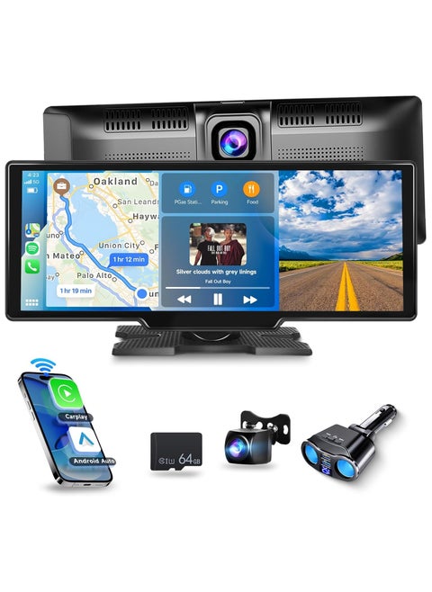 Portable Car Stereo with Wireless CarPlay/Android Auto, 2.5K Dash Cam, 1080P Backup Camera, 9.3 Inch HD Touch Screen, GPS Navigation, Dual Bluetooth, FM/AUX, 64G TF Card Included