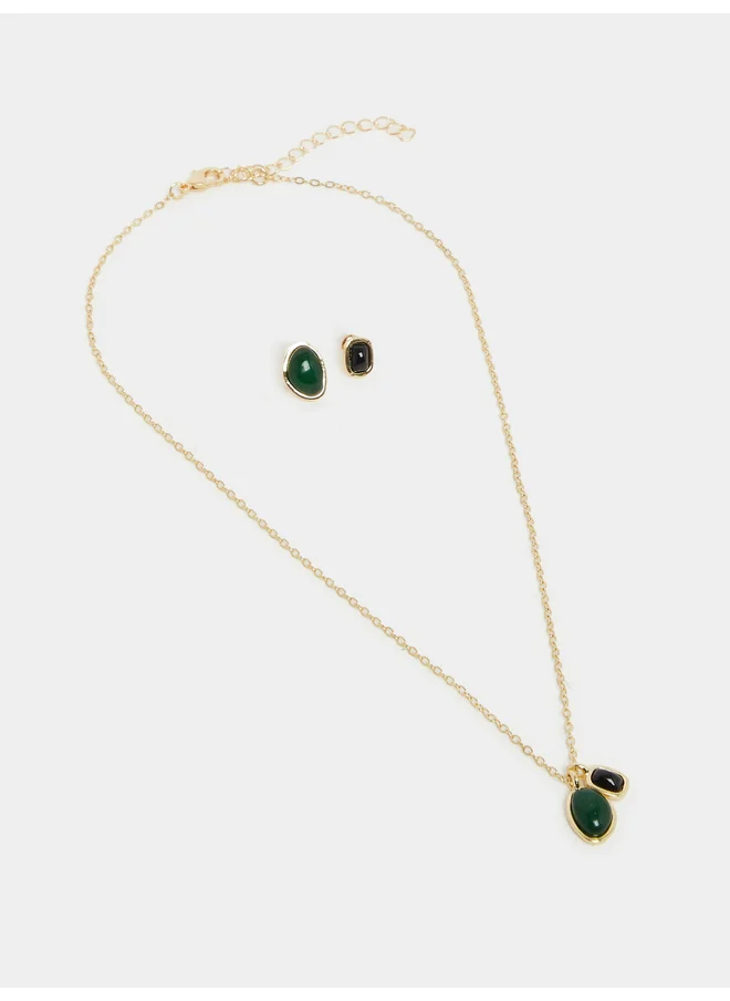 ستايلي Styli Faux Gemstone Pendant Necklace and Stud Earrings Set