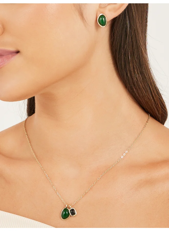 ستايلي Styli Faux Gemstone Pendant Necklace and Stud Earrings Set