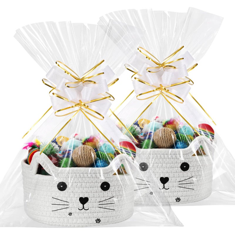 Zopeal 2 Pack Small Cat Woven Basket with Gift Bag and Ribbon Empty Decorative Gift Basket Toy Cotton Rope Storage Organizer for Nursery Baby Shower Birthday 83 x 47 InchWhite - Image 2