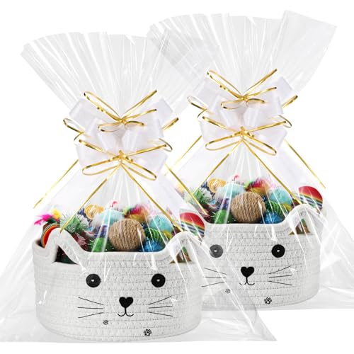 Zopeal 2 Pack Small Cat Woven Basket with Gift Bag and Ribbon Empty Decorative Gift Basket Toy Cotton Rope Storage Organizer for Nursery Baby Shower Birthday 83 x 47 InchWhite - Image 1