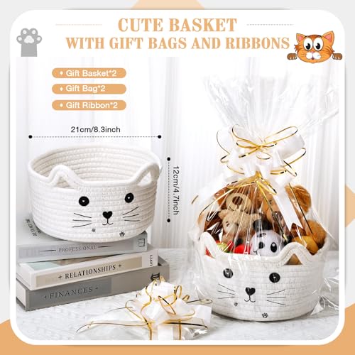 Zopeal 2 Pack Small Cat Woven Basket with Gift Bag and Ribbon Empty Decorative Gift Basket Toy Cotton Rope Storage Organizer for Nursery Baby Shower Birthday 83 x 47 InchWhite - Image 3