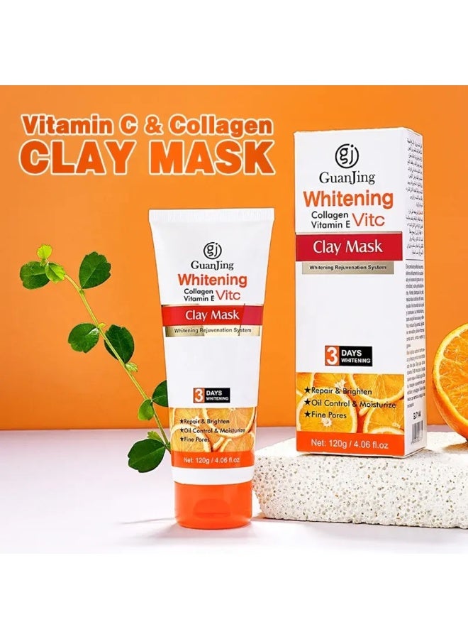 GUANJING قناع الطين لتفتيح فيتامين C 120 جرام إصلاح وتفتيح والتحكم في الزيت والتنظيف العميق والترطيب والتغذية مع الكولاجين وفيتامين E لإزالة الأوساخ والزيوت الزائدة وتفتيح بقع حب الشباب قناع الوجه - Image 2