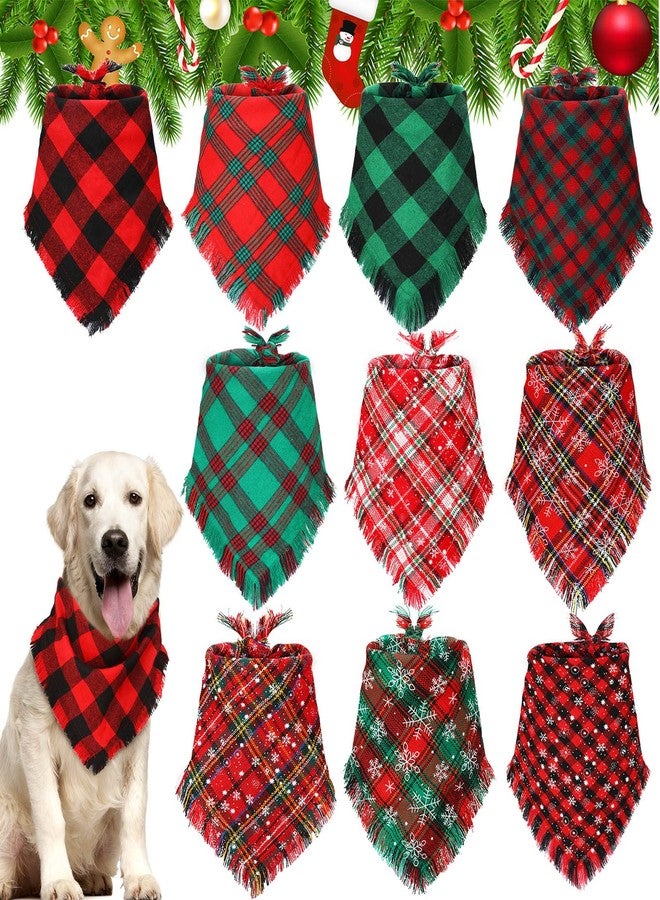 Weewooday 10 Pieces Christmas Dog Bandana Classic Buffalo Plaid Snowflake Pets Scarf Tassels Style Triangle Bibs Pet Holiday Costume Accessories for Small Medium Large Dogs Cats - Image 1
