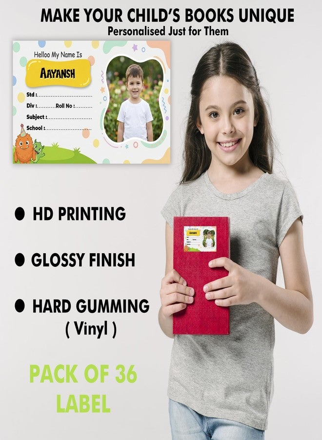 MAKEPHOTOGIFTS ملصقات مدرسية شخصية للدفاتر مع صورة - ملصقات أسماء مخصصة لكتب الأطفال | طباعة لامعة عالية الدقة | لاصق قوي | 9 × 5 سم | عبوة من 36 ملصقًا (التصميم 3) - Image 3